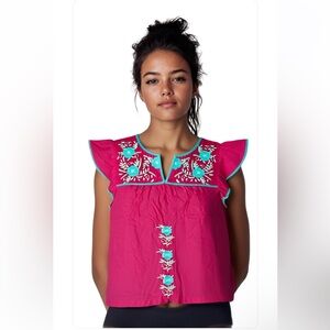 J Marie MSRP $106 bright pink embroidered Zuri Top 100% cotton